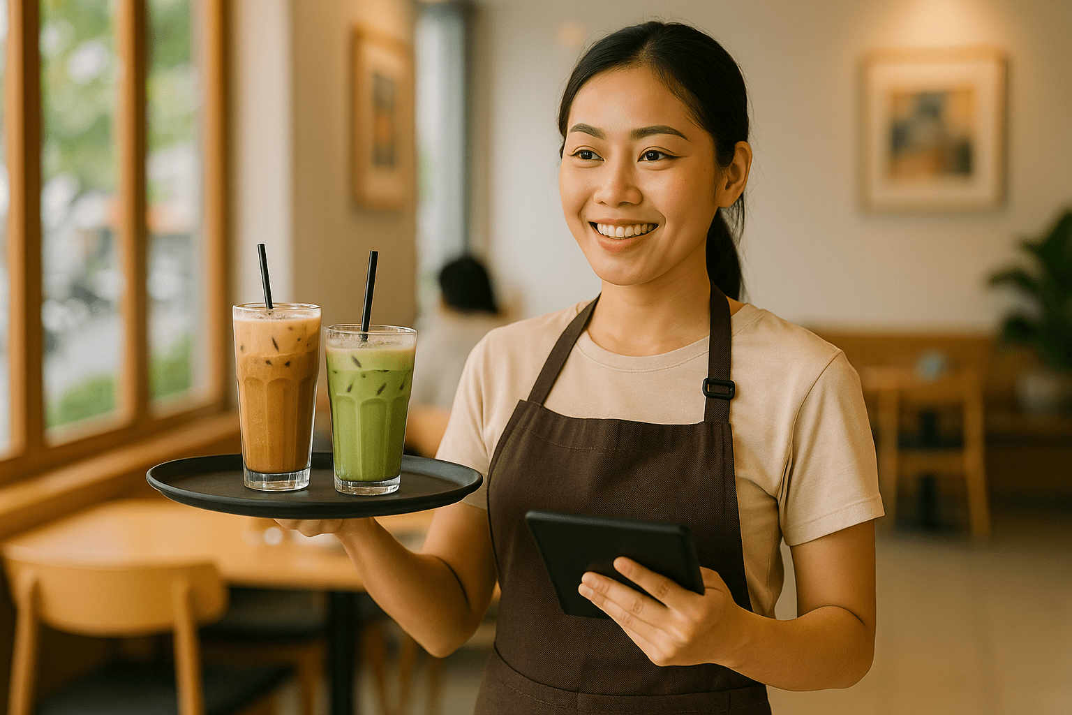 Nhân viên phục vụ Việt Nam mang khay đồ uống trong quán sáng sủa, minh họa việc làm bao ăn ở ổn định.