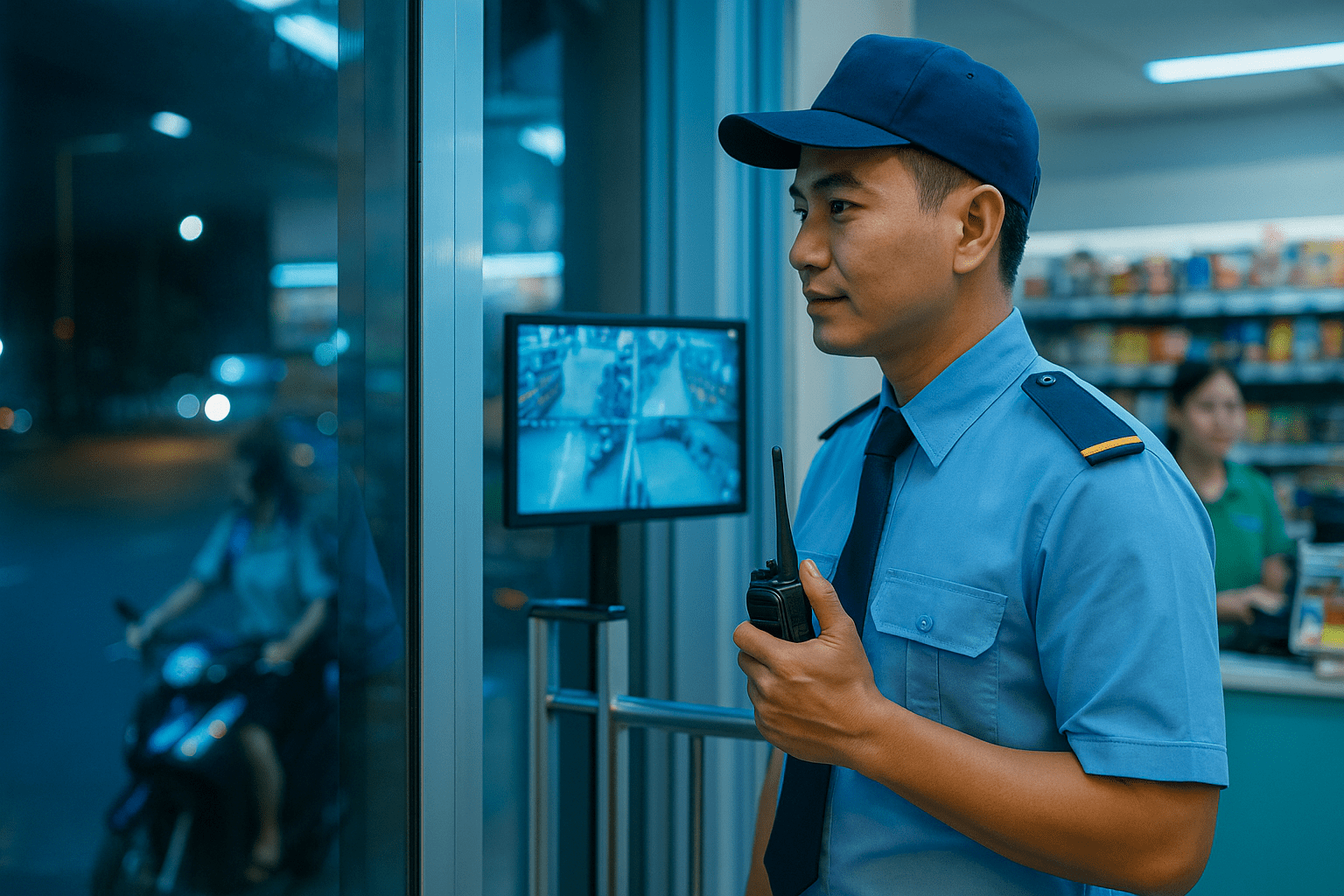 Bảo vệ cửa hàng tiện lợi Thủ Đức ca đêm quan sát camera