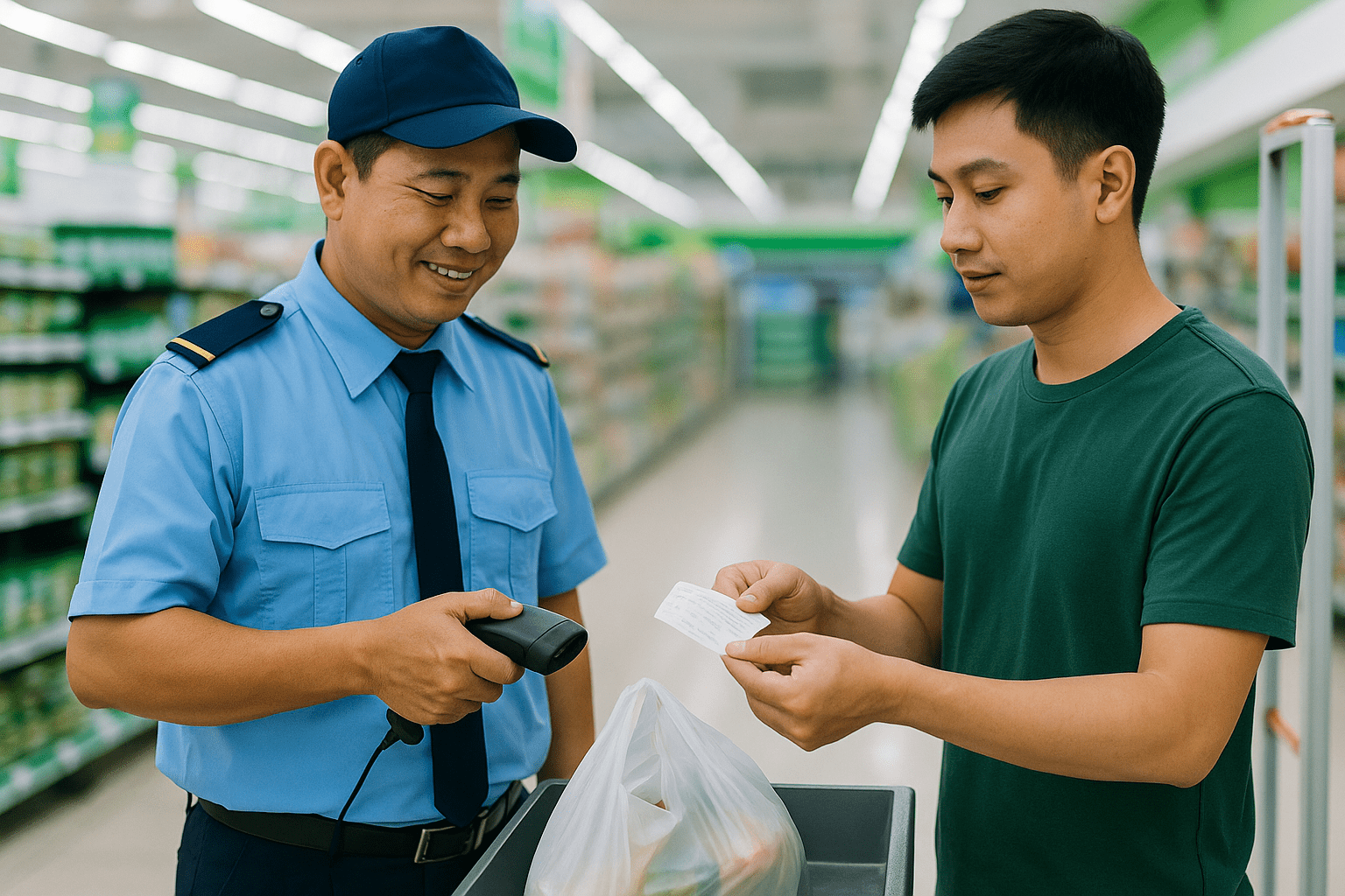 Nhân viên bảo vệ siêu thị Thủ Đức kiểm tra hóa đơn