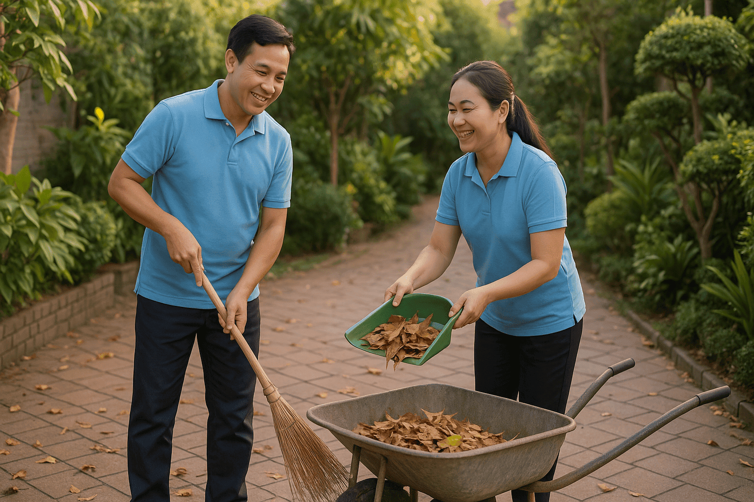 Cặp vợ chồng quét lá cần người giữ vườn tại nhà