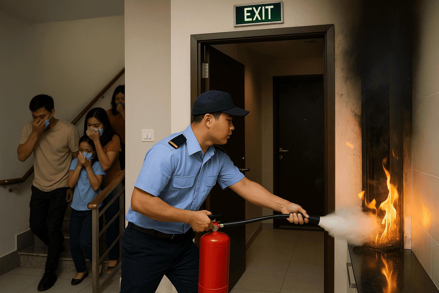 Bảo vệ sơ tán cư dân dập lửa khi nổ bình gas